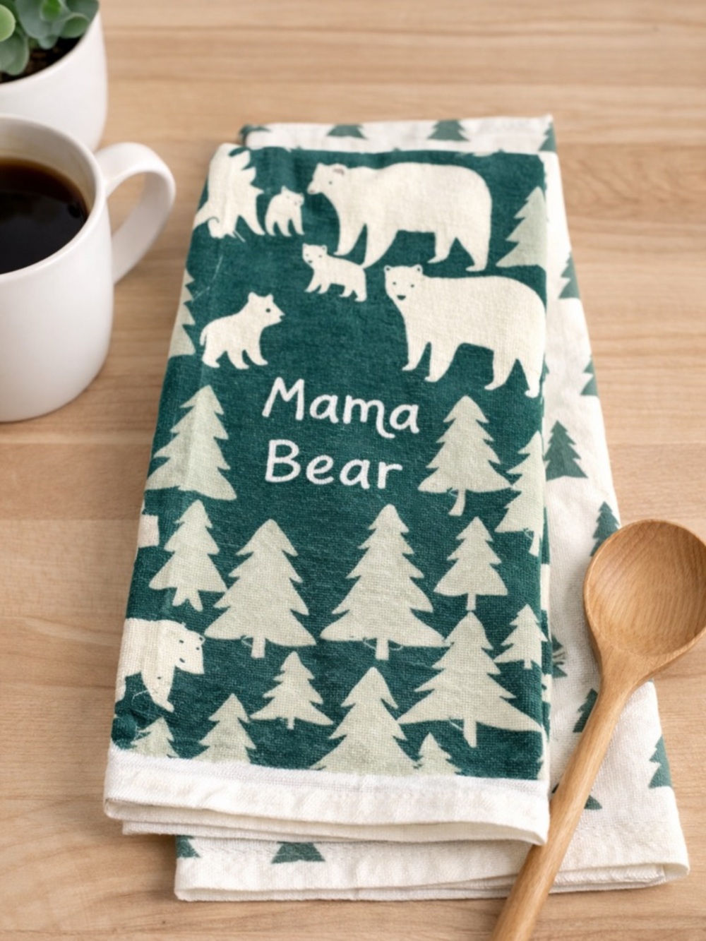 NWT Mama Bear Kitchen Towels Set of 2 Green White Rustic Cabin Decor